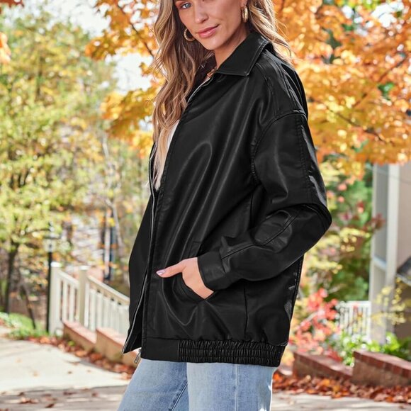 Women Oversized Faux Leather Motorcycle Coat for Fall/Winter - Picture 3 of 5